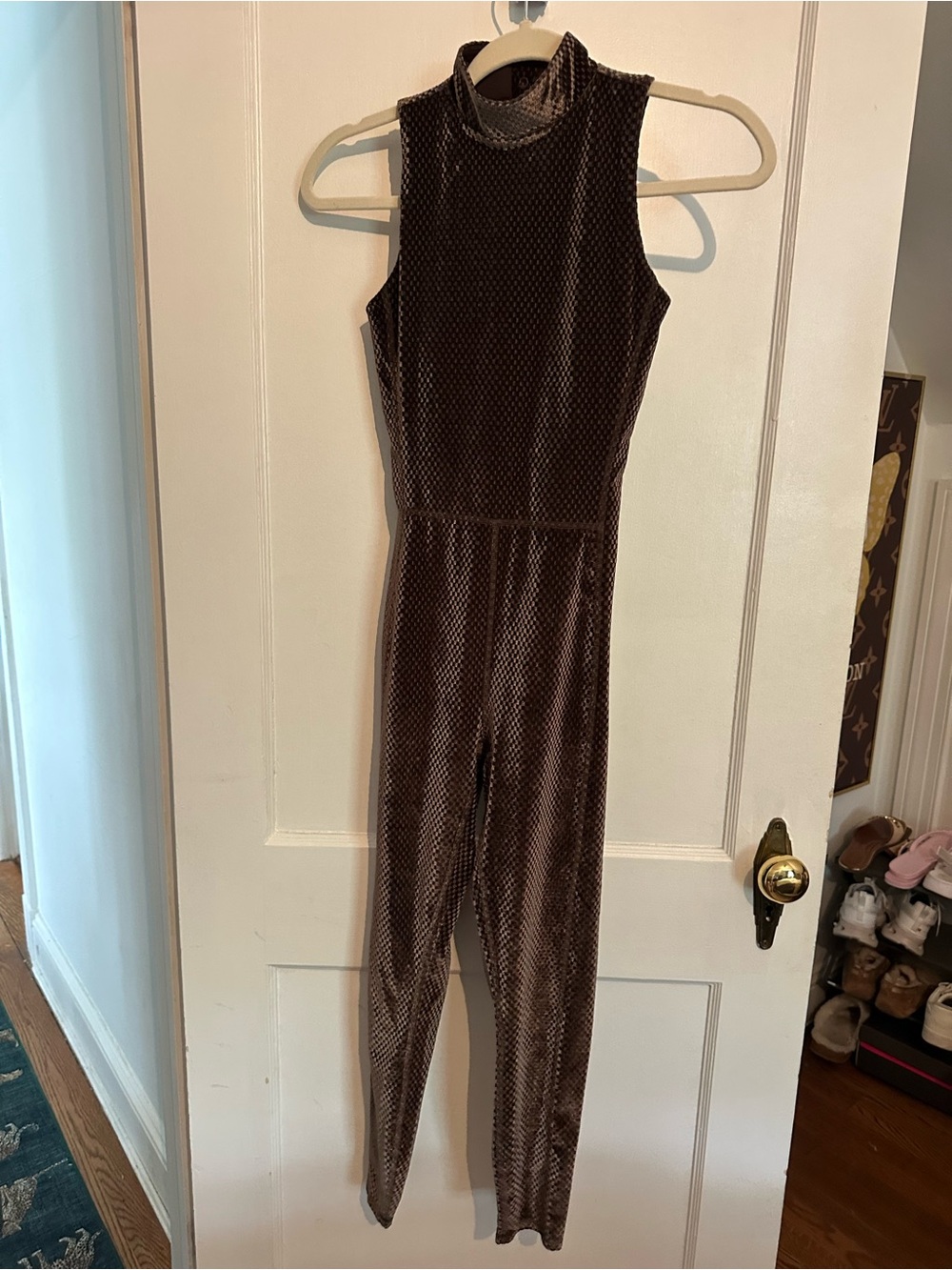 Fabletics Brown Velvet Sleeveless Mock-Neck Jumpsuit